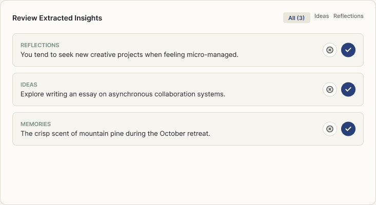 Review Extracted Insights with three proposed reflections, ideas and memories.